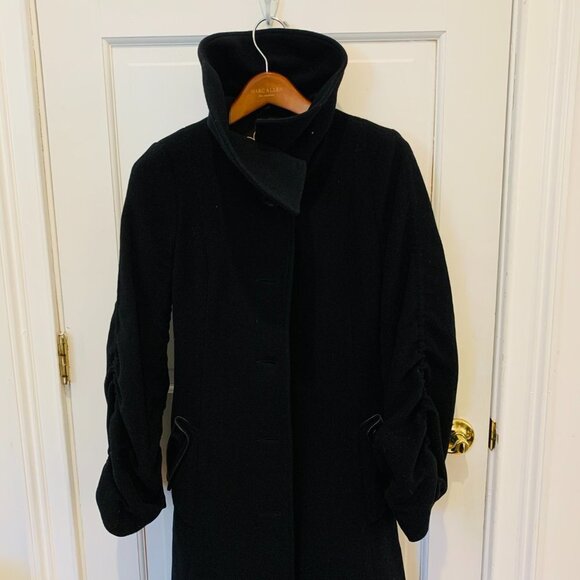 Mackage Coat Black Wool Cashmere Blend Leather Belt Trim Womens Size XS - Picture 10 of 16